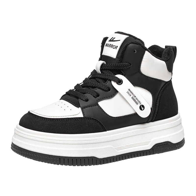 Warrior Women's Winter Fleece-Lined High-Top Sneakers Thick Sole Height Increasing Fashion Sports Casual Shoes White Black Size 39