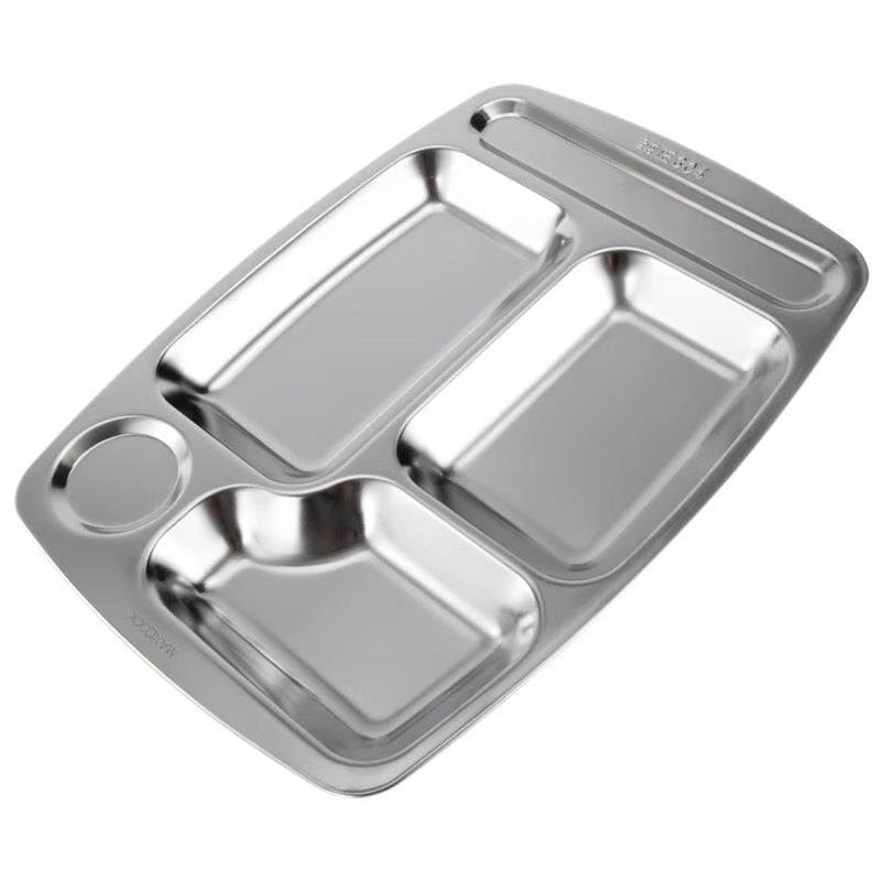 MAXCOOK 304 Stainless Steel Divided Lunch Tray, Fast Food Plate, Student Meal Box, Large Five-Compartment Thickened MCFT113