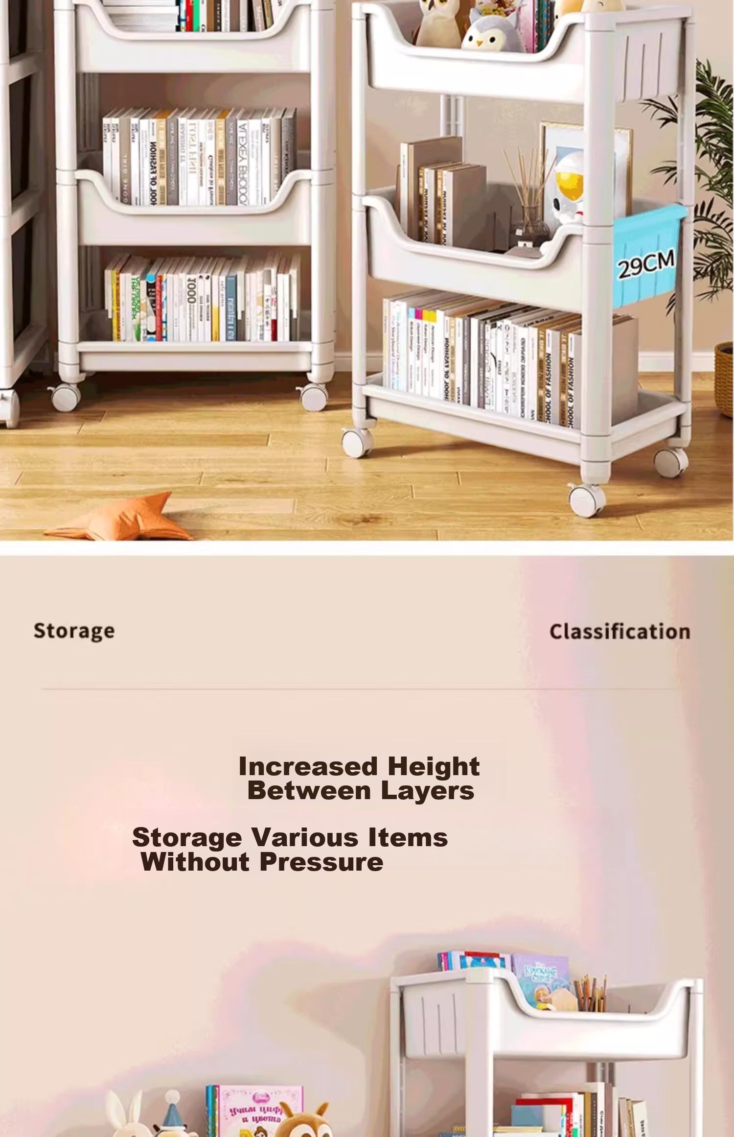 XIAOJIANGCAI Bookshelf Storage Rack, Floor-Standing Home Simple Multi-Layer with Wheels, Toy Storage Cart, 4-Tier Storage Shelf 8