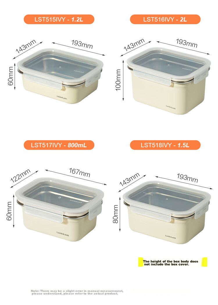 LOCK&LOCK Food-Grade Stainless Steel Storage Container, Airtight Refrigerator Kitchen Organizer Box, Student Lunch Box, 400ml Beige 15