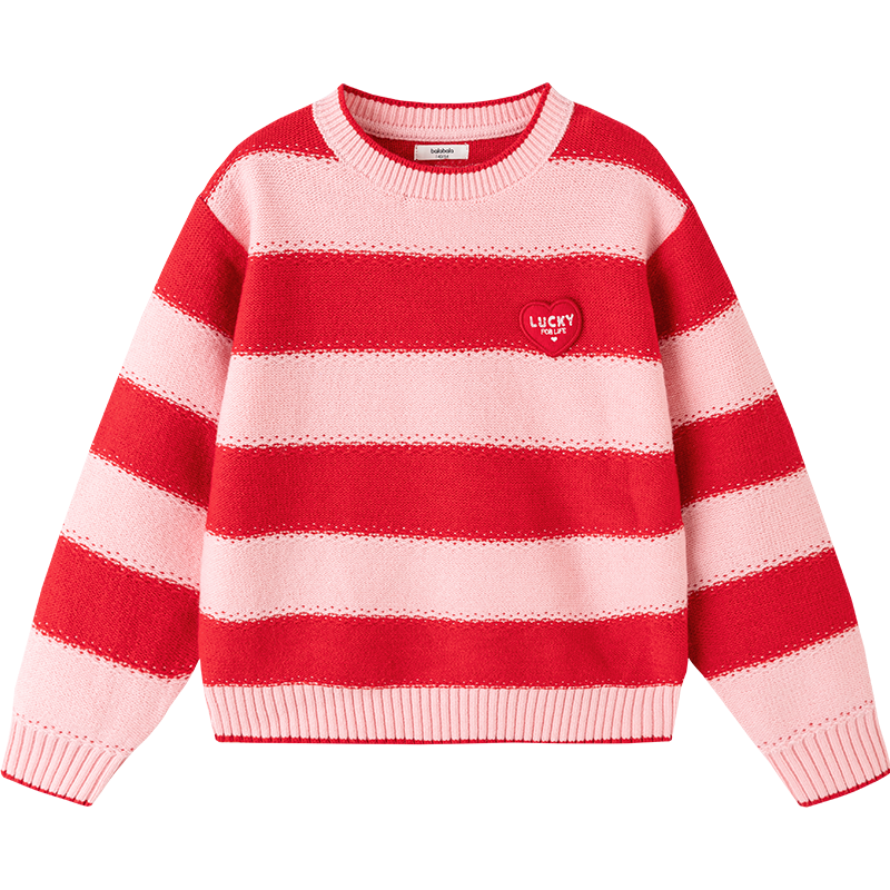 Balabala Kids Red Sweater Girls Round Neck Drop Shoulder Jacquard Knit New Year Greeting Pullover