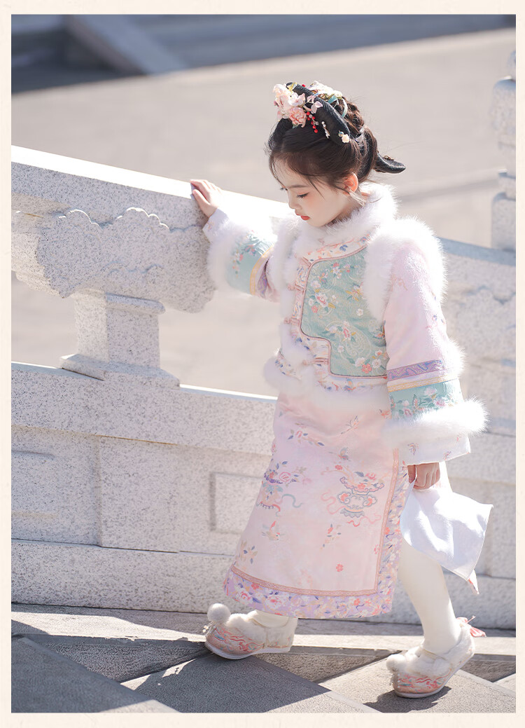Qibo Girls' New Year Winter Outfit 2026 Imperial Dream Pink (Qipao + Vest) Size 120 6