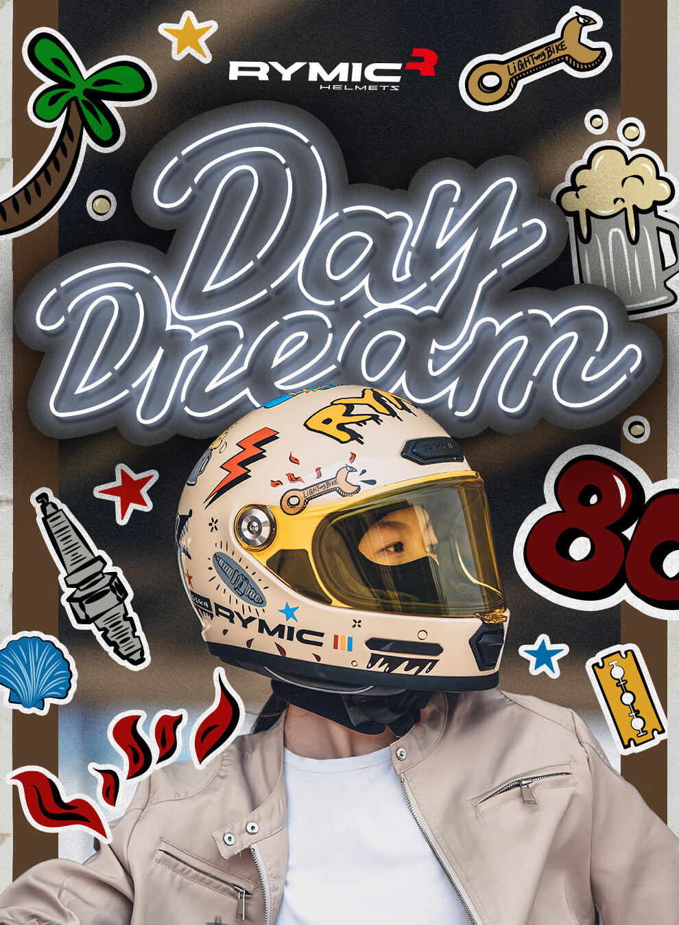 RYMIC Vintage Motorcycle Full Face Helmet 3C Certified Unisex Riding Helmet Four Seasons V80 Milk Tea Color Daydream L 1