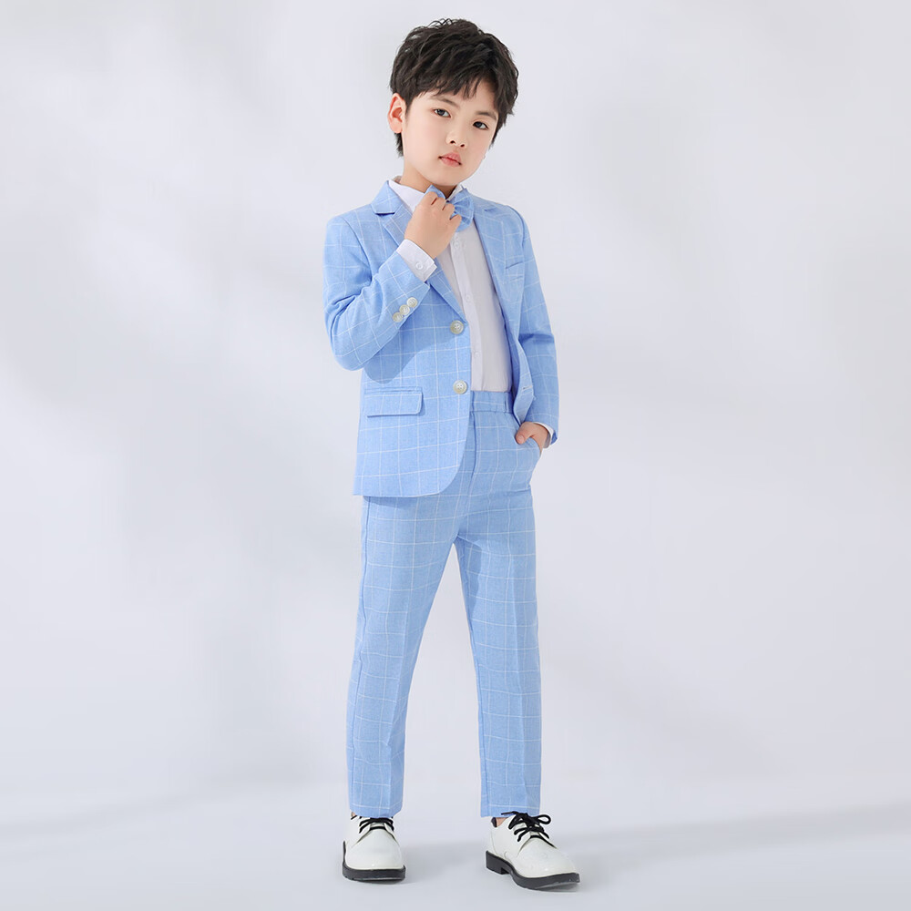 LUOBOBEIBEI Boys' Suit Set, Children's Formal Wear for Spring And Autumn, Plaid Suit, Flower Boy Birthday Outfit, Blue Four-Piece Set, Size 110