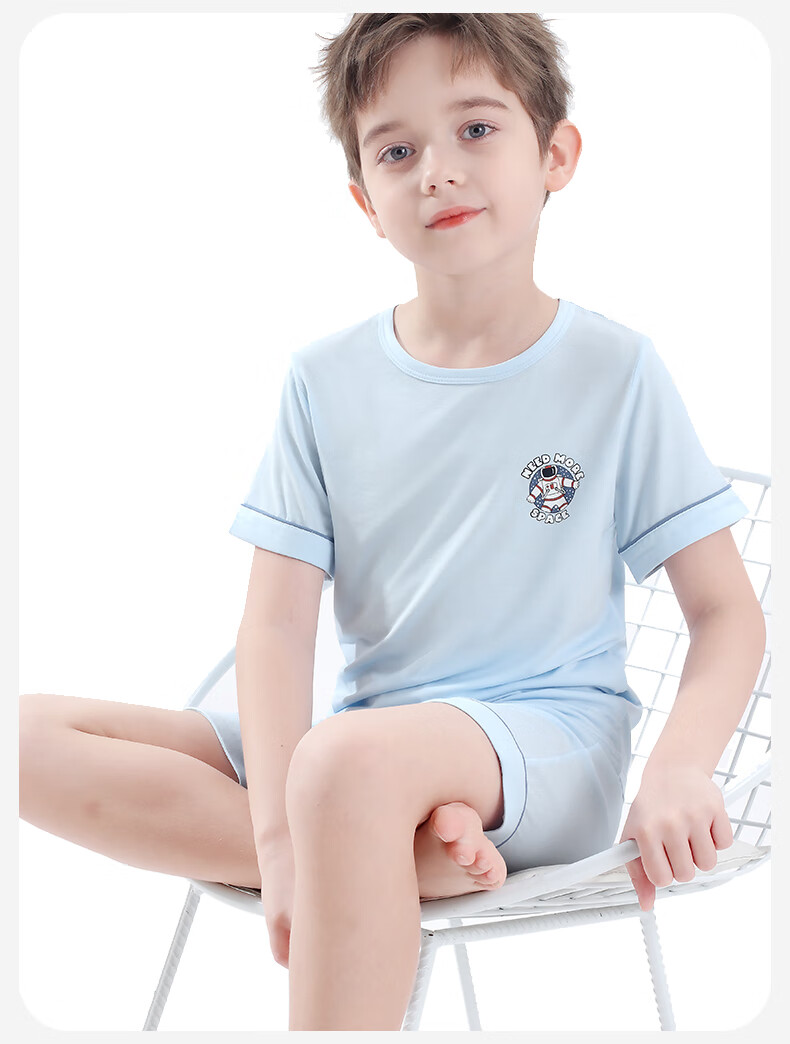 Duomiaowu Children's Pajamas, Boys' Summer Thin Modal Short-Sleeve Home Wear Set, for Older Children, 10838 Deep Sea Blue, Size 140 11