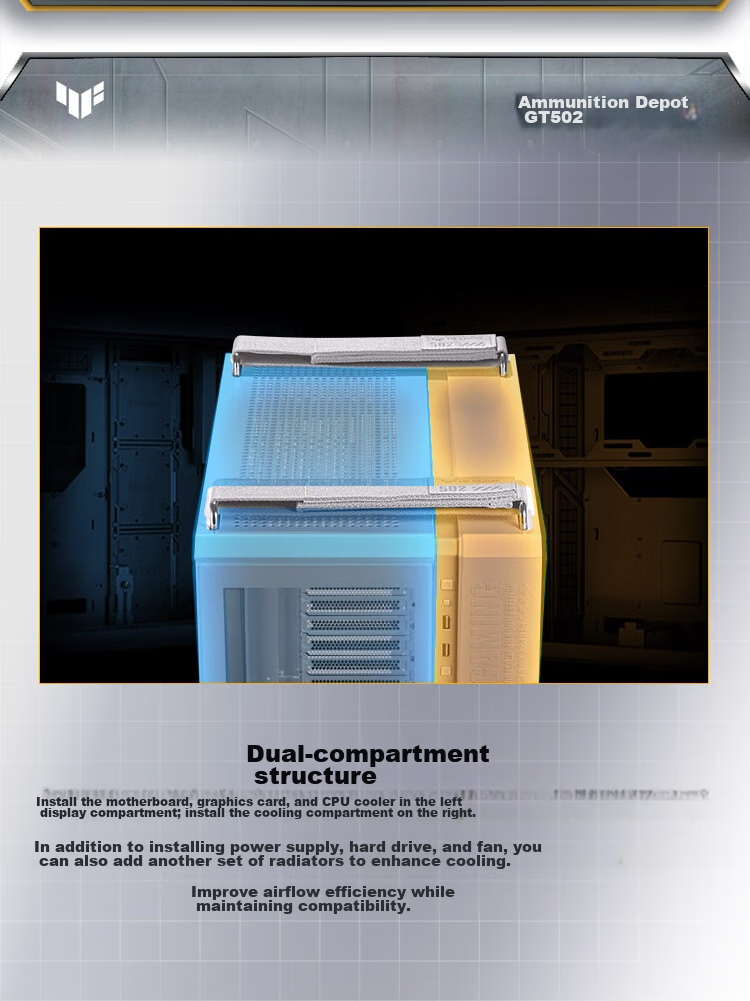 ASUS TUF GAMING GT502 White Arsenal Case, White Cables, Dual-Chamber Design, Tool-Free Disassembly, White Seaside View, Innovative Cooling, GPU Bracket 3