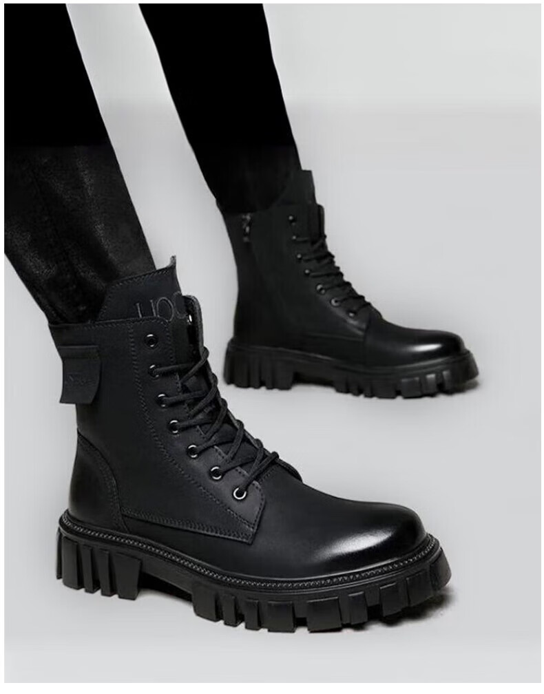 XO Men's Martin Boots Leather 2025 Autumn Winter High-Top Thick-Soled Work Boots Black Size 43 1