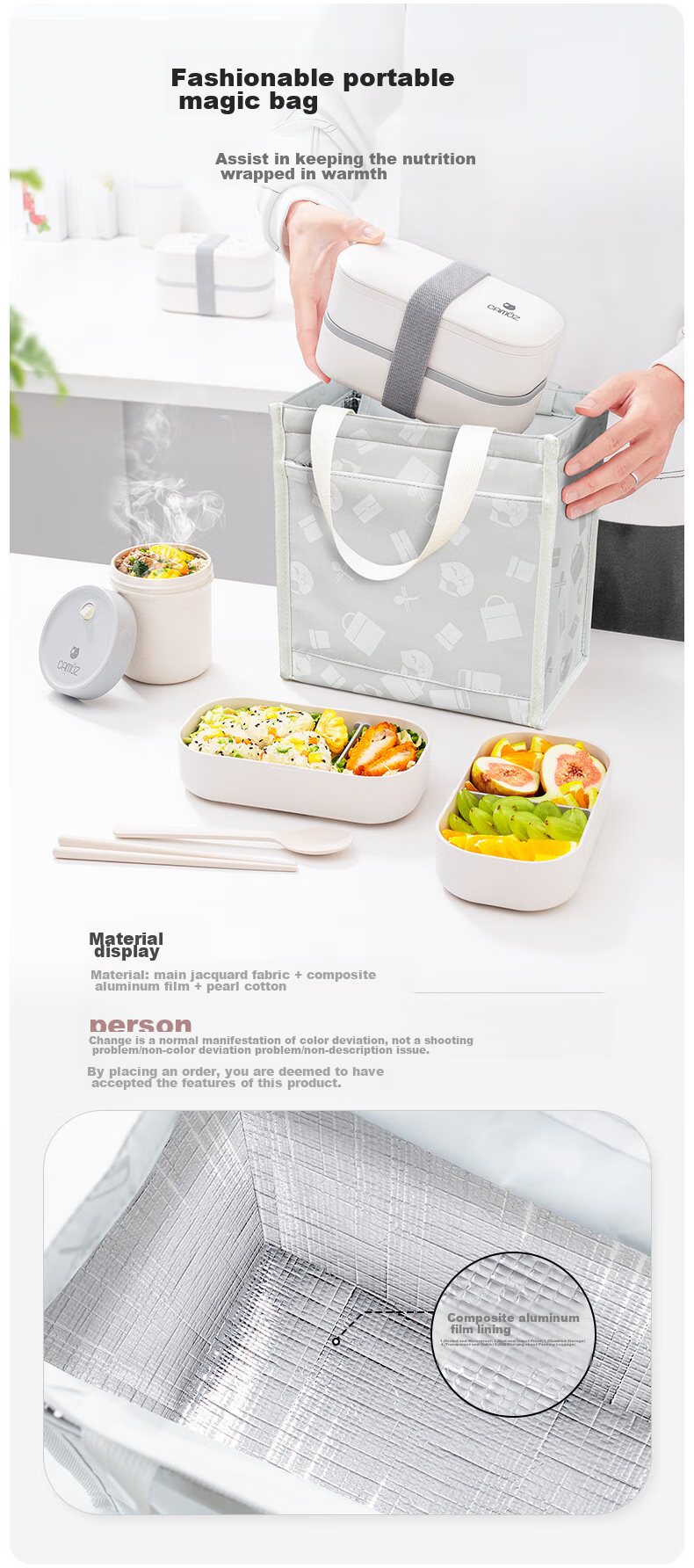 CAMUZ Bamboo Fiber Pro Double-Layer Lunch Box Bento Box, Japanese Style, Microwave Safe, 1200ML, White And Black, 3-Piece Set 17