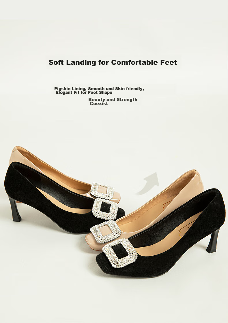 COMELY Square Buckle High Heels for Women, Spring Commute Square Toe Fashionable French Rhinestone Pumps Stiletto Shoes, Pink Apricot Color, Size 36 8