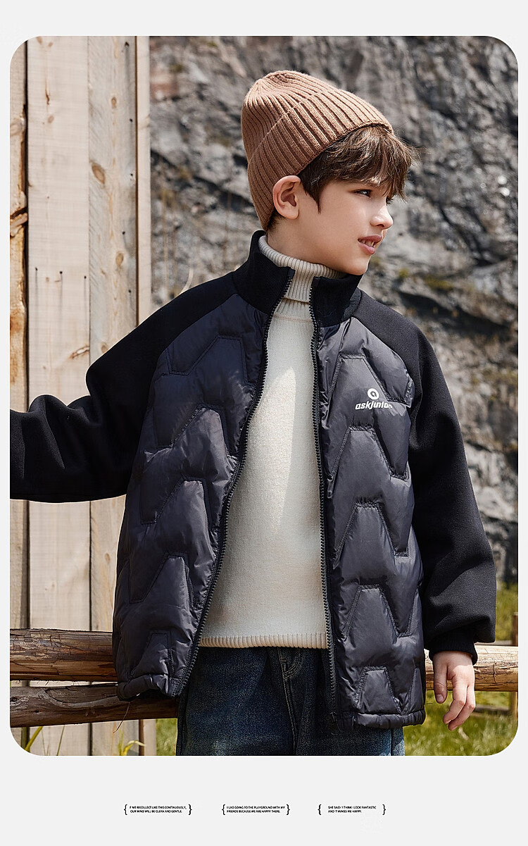 ASK JUNIOR Boys' Down Jacket Autumn Winter Warm 90% Down Raglan Sleeve Zip-up Coat Black 160cm 16