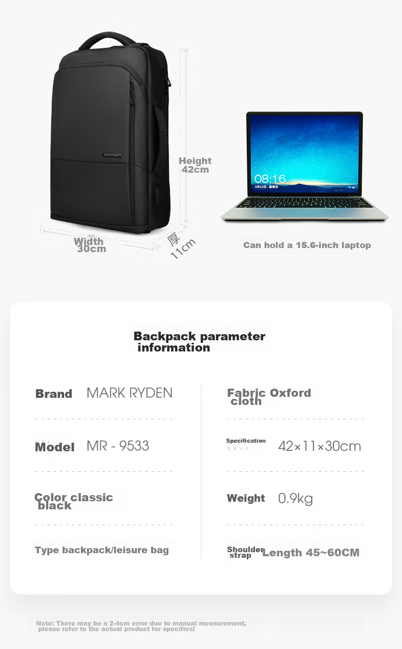 MARK RYDEN Backpack for Men, Multifunctional Briefcase, Business Casual Travel Bag MR9533 Upgraded Version in Elegant Black 15