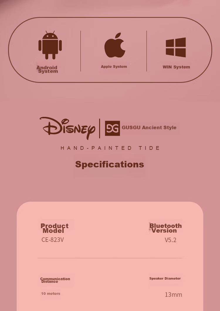 GUSGU Disney Co-Branded True Wireless Bluetooth Earphones, Semi-In Music Sports Running Noise-Cancelling Earphones, Compatible with Apple Huawei Xiaomi Phones, Pink FX-902V 14