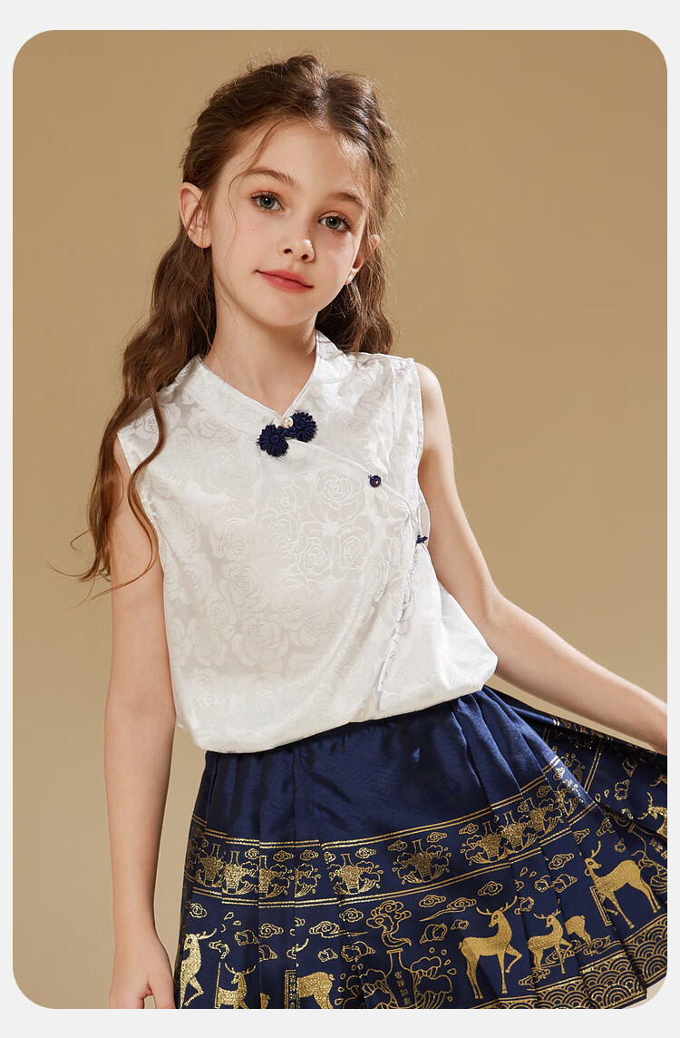 ASK JUNIOR Girls' Summer Outfit Set for Older Children, Sleeveless T-Shirt, Chinese-Style Horse-Face Skirt, Preppy Style Sportswear Set 10