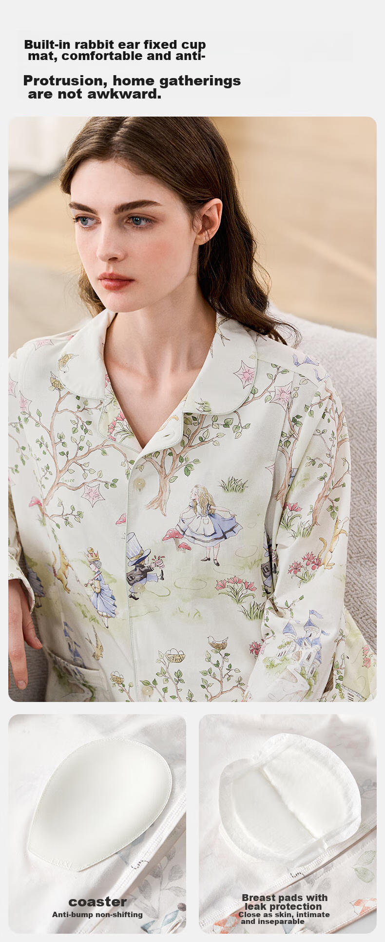 EMXEE Spring And Autumn Thin Maternity Pajamas with Built-In Chest Pads, Postpartum Nursing Sleepwear, Alice Home Wear, Size M 8