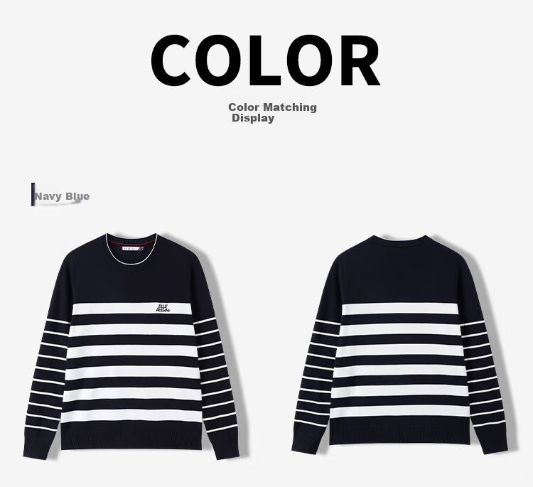 ELLE ACTIVE Striped Contrast Color Sweater for Women, Spring 2026 Style, Elegant Slimming Round Neck Long-Sleeve Knitted Top, Navy Blue/white, Size S 10