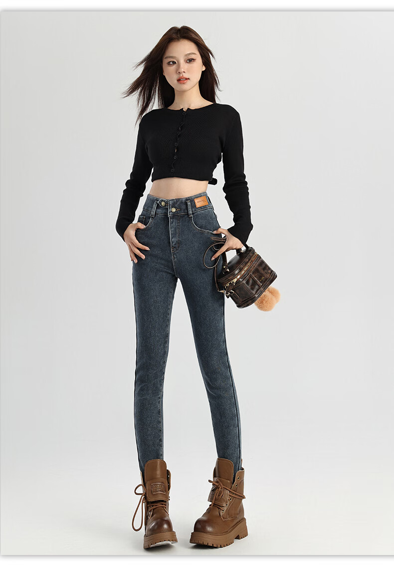 Pierre Cardin Jeans for Women, Autumn Elastic Comfortable High-Waist Fleece-Lined Warm Skinny Pants, Blue-Gray, Size 29 29