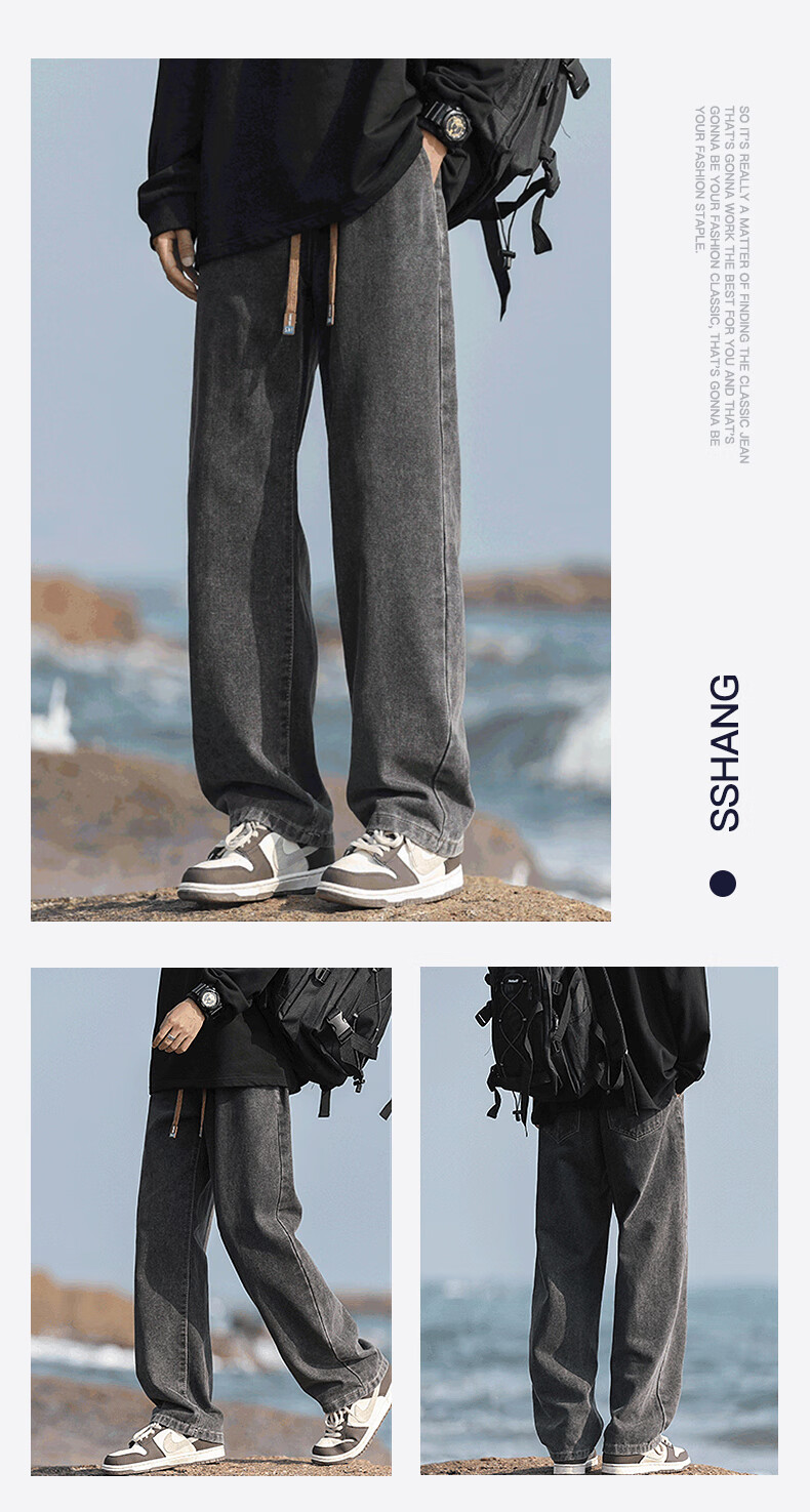 Warrior Men's Jeans Spring Autumn Loose Straight Leg American Vintage Wide Leg Casual Pants Black Gray L 10