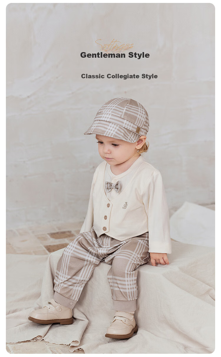 Babylove Infant Romper Spring And Autumn Season, Baby Boy Faux Two-Piece Pure Cotton Onesie, Gentleman English Style Trendy First Birthday Party Outfit 1