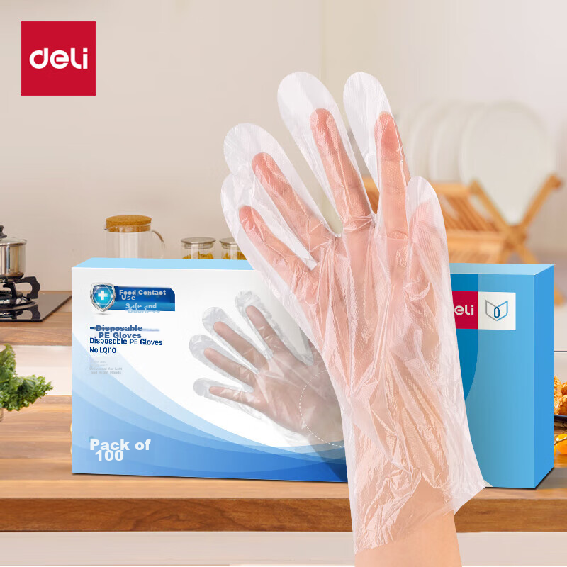 Deli Disposable Gloves, PE Material, Thickened, Leak-Proof, Food-Grade, Pull-Out Box Packaging, 100 Pieces/box, Transparent, LQ110