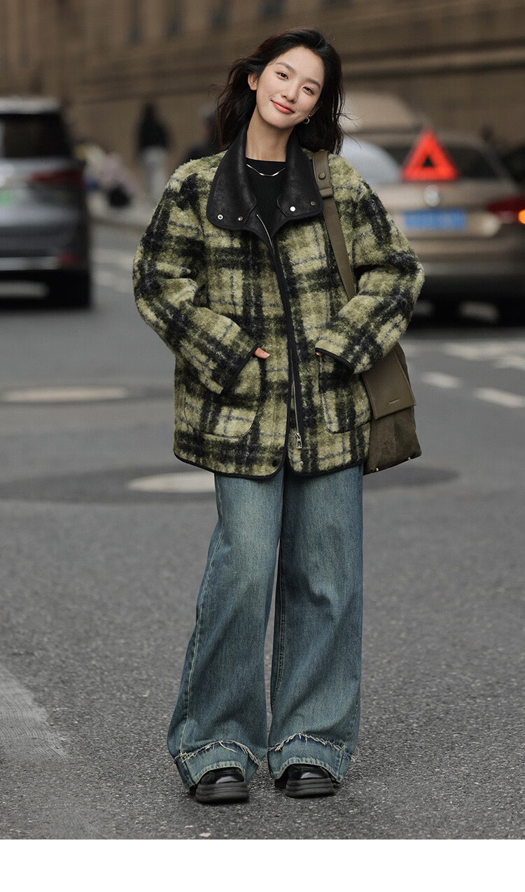 Dme [Vintage Elegant Top] Eye-Catching Plaid Green Relaxed Faux Shearling Jacket for Wome 11