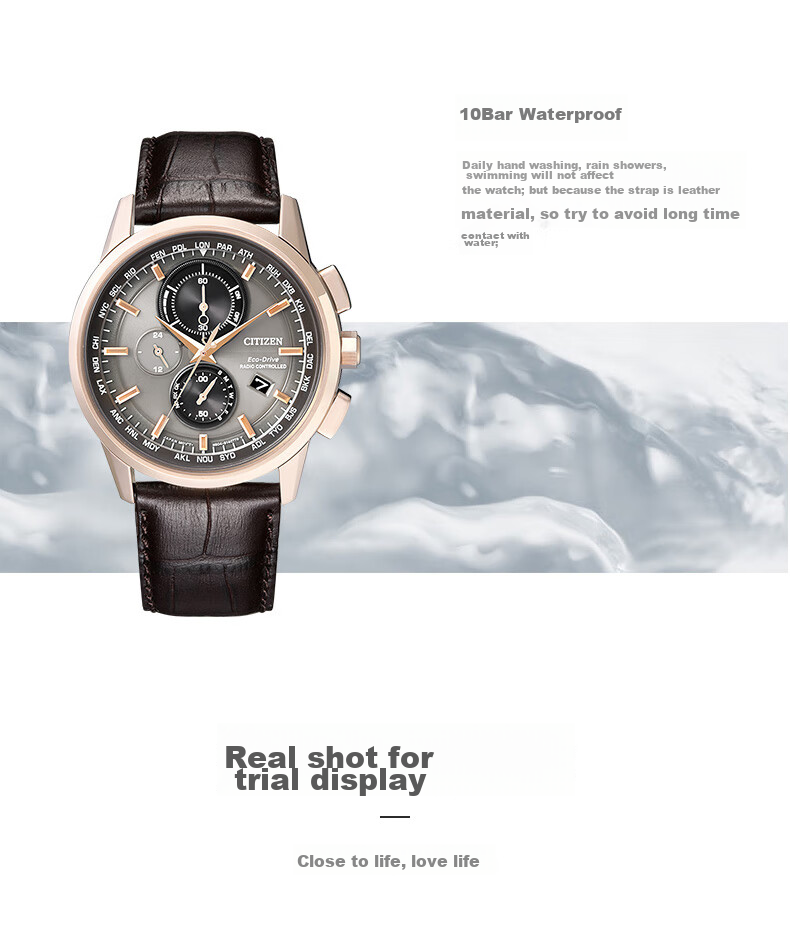 CITIZEN Watch for Men, Japanese And Korean Style, Eco-Drive, Radio-Controlled, Three-Dial Display, Leather Strap, Business Style, Gift for Boyfriend, AT8113-12H 8