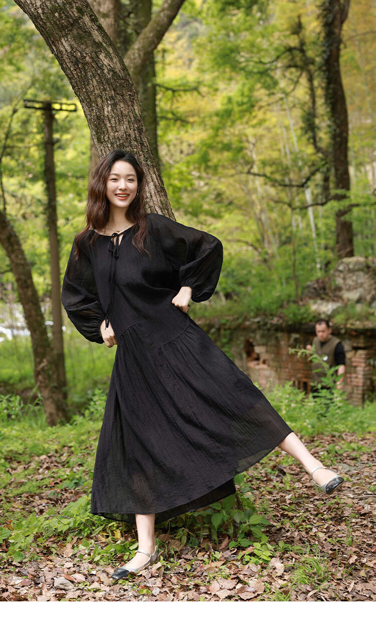 Dme [French-Style Dress] Romantic Elegant Fair-Complexion Easy Vacation Style Wrinkled Textured Dress for Wome 15