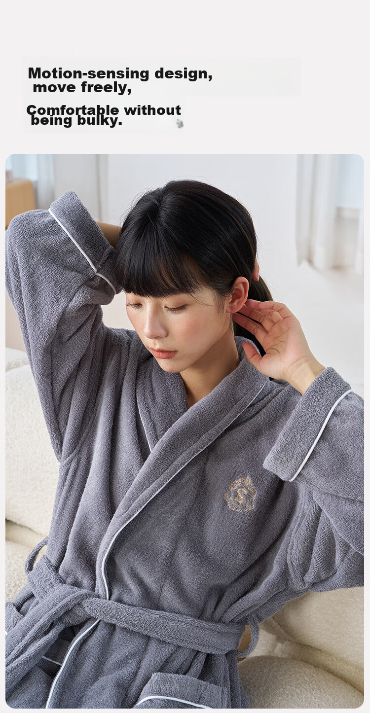 Sanli Five-Star Hotel Bathrobe, Pure Cotton, Absorbent And Quick-Drying, Adult Thin Home Bathrobe for Men And Women, Autumn And Winter Long Style Bath Towel, Gray, Size M 11