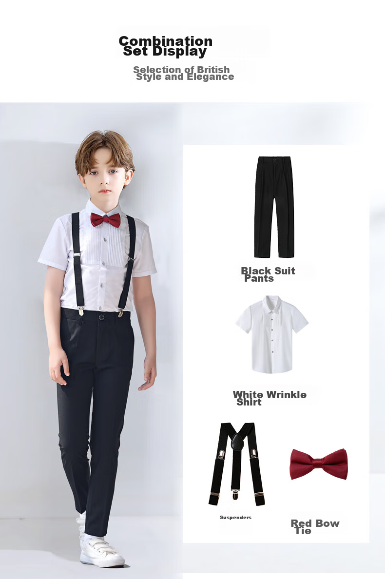Yinuofang Children's June 1st Performance Costume, Boys' School Uniform, Class Outfit, Formal Wear, Suspender Pants Set, Short-Sleeve Long Pants, Size 120 10