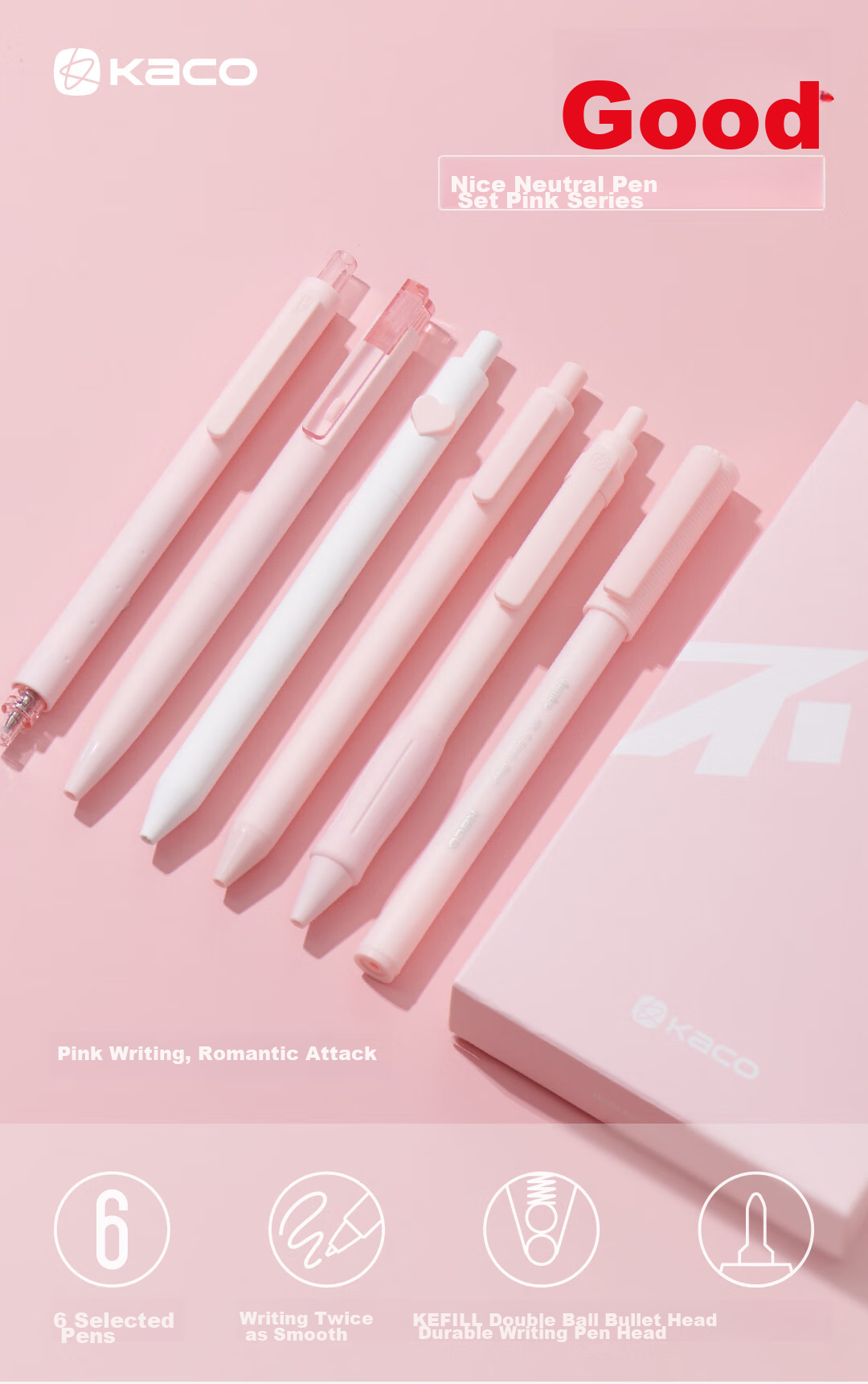 KACO Good Pink Set of 0.5 Black Gel Pens 6-Pack, Large Capacity Student Exam Writing Pens, Office Stationery, Quick-Drying Smooth Signing Pens 1