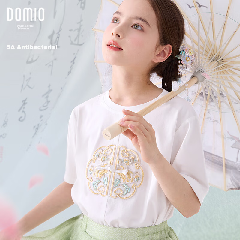 Duomiaowu Girls' Short-Sleeve T-Shirt, Summer Children's Top, Big Kids' Chinese-Style Summer Outfit, Stylish Undershirt, 81869 White, Size 120