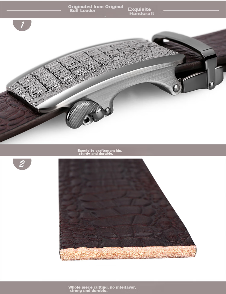 Cattlesboss Men's Leather Belt with Automatic Buckle, Alligator Pattern Business Belt 7075 Gift Elegant Black 110cm 14