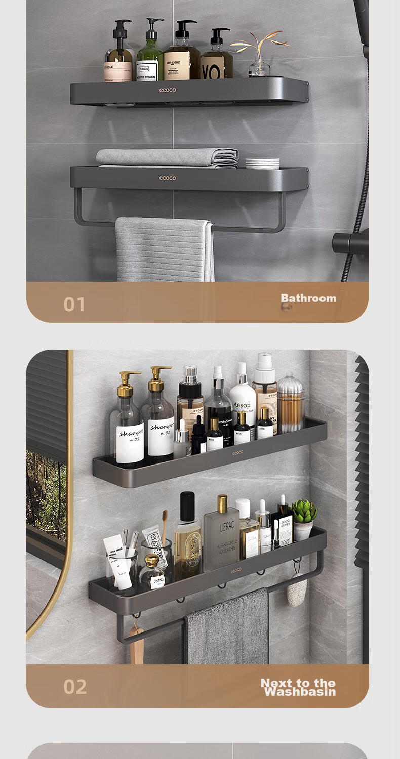Ecoco Bathroom Storage Rack, No Drilling Required, Space Aluminum, 40cm Strong Load-Bearing, Rust-Resistant Wall-Mounted Bathroom Shelf 5