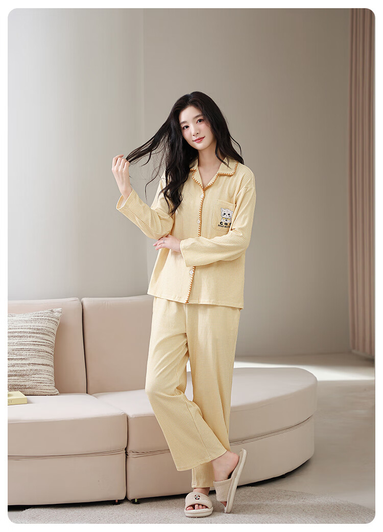 Miiow Couple Pajamas Women 100% Cotton Japanese Style Plaid Long Sleeve Casual Cartoon Homewear Cheese Yellow L 5