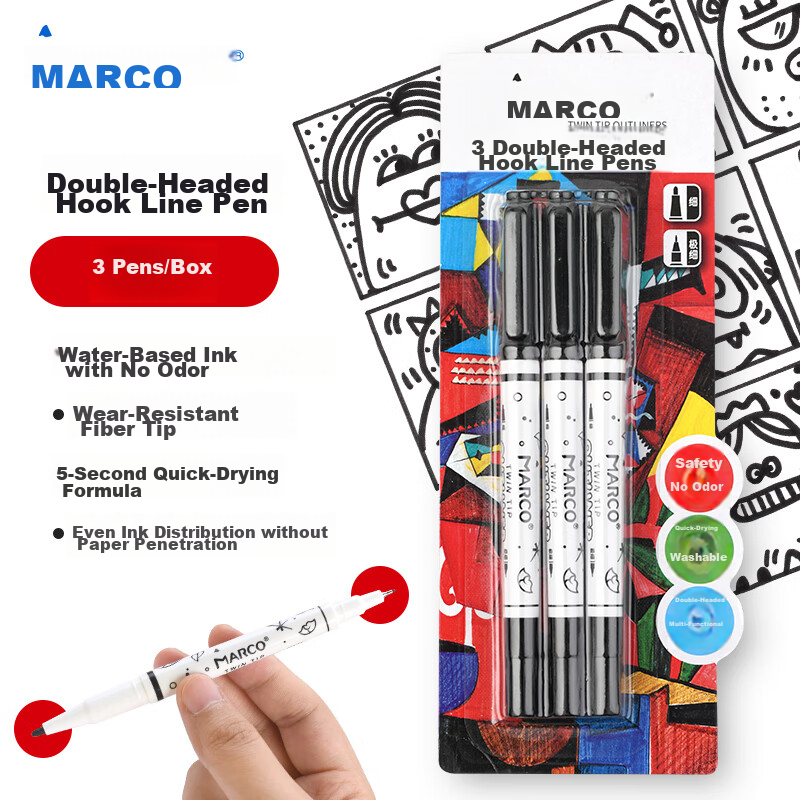 MARCO Dual-Tip Marker Pen for Children's Drawing, Thick Black Art Supplies for Kindergarten Doodling, Outline Drawing, Black Water-Based Pen, Marker Pen for Painting