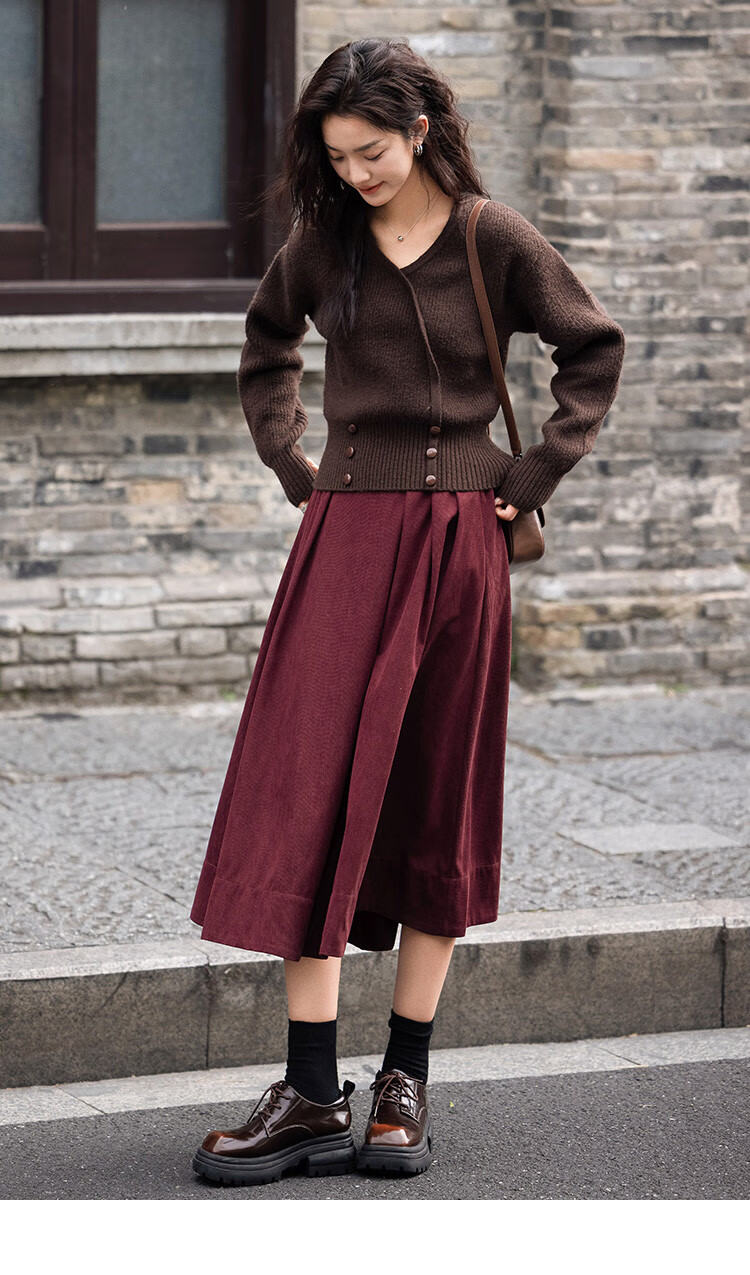 Dme [Crimson French-Style Midi Skirt], Waist-Symmetric Pleated Sharp Long Skirt, Crimson, M 13