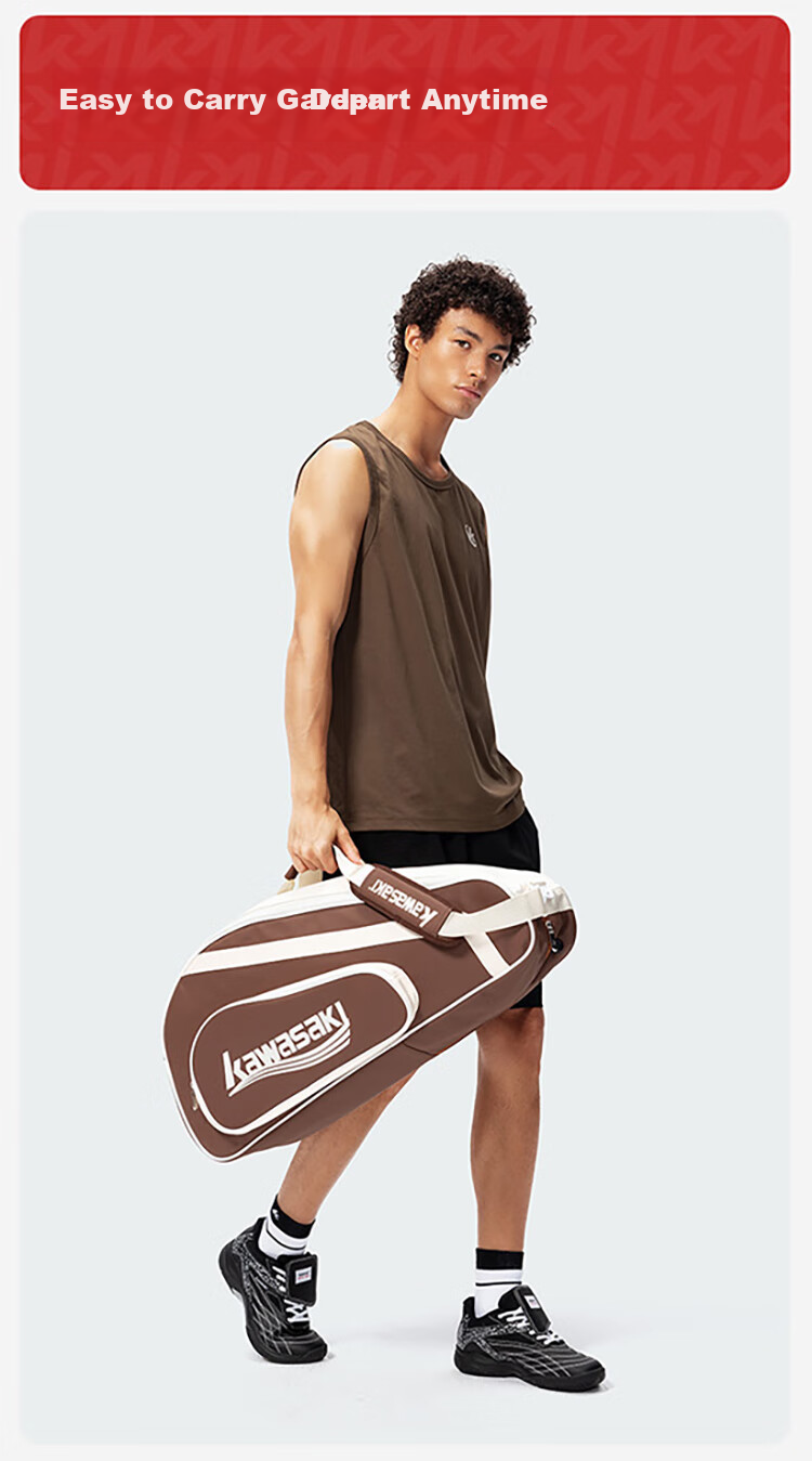 KAWASAKI Badminton Bag, Borderless Retro Handbag, 6-Racket Capacity, Large-Capacity Sports Bag, Tennis Bag C8612, Brow 8