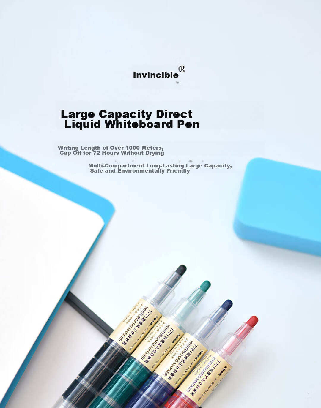 Snowhite Invincible Triple-Chamber Whiteboard Marker, Large Capacity Erasable Markers, Easy to Erase, Colored Pens, Office Supplies, Super Writing, 4 Colors 4 Pieces, T721 1