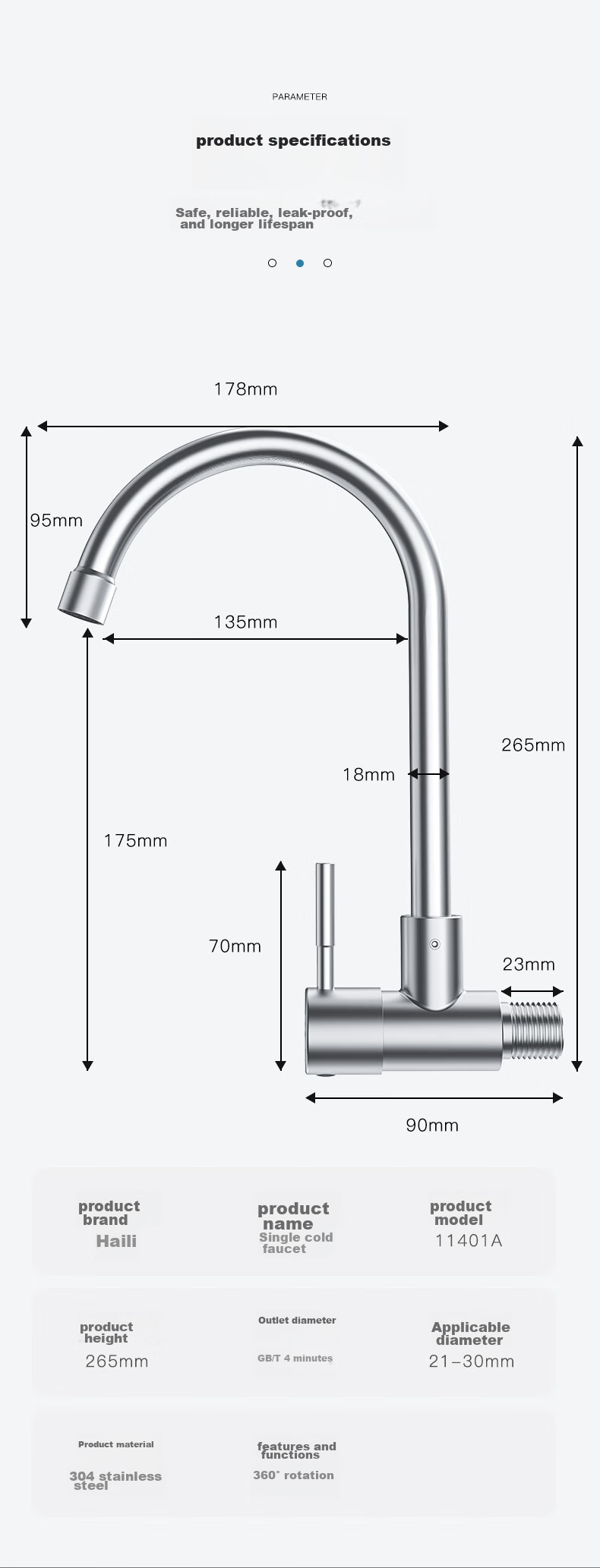 Haili Wall-Mounted Single Cold Faucet, 304 Stainless Steel Kitchen Sink Faucet, Wall-Mounted, for Washing Vegetables, Clothes, Mop, And Basin, Model 1141D 16