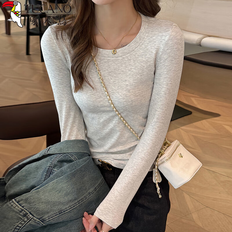 TUCANO Long-Sleeve Base Shirt for Women, New Spring Style, Slim-Fit Ribbed Round Neck Regular Shoulder Versatile Slimming Top, Flax Gray, Size L