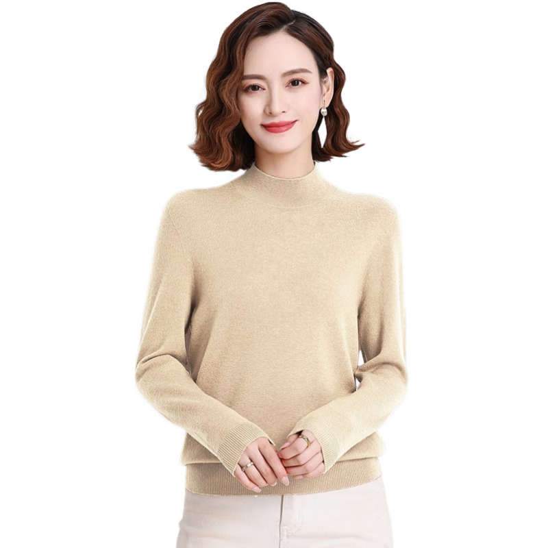 Hengyuanxiang 100% Pure Wool Sweater for Women, Semi-Turtleneck, Loose-Fitting Base Layer, Autumn And Winter Fashion Knit Top for Wome