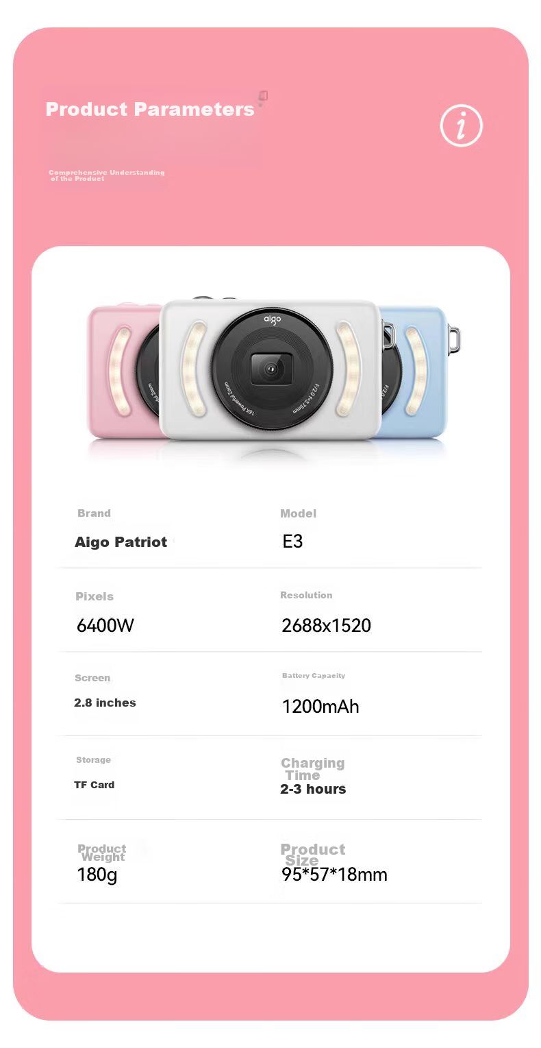 Aigo E3 Student Digital Camera, Compact Card Camera for Girls, High-Definition Campus Travel Birthday Gift Alternative, CCD Dual Rear Cameras with Selfie Function, 32GB Pink 17