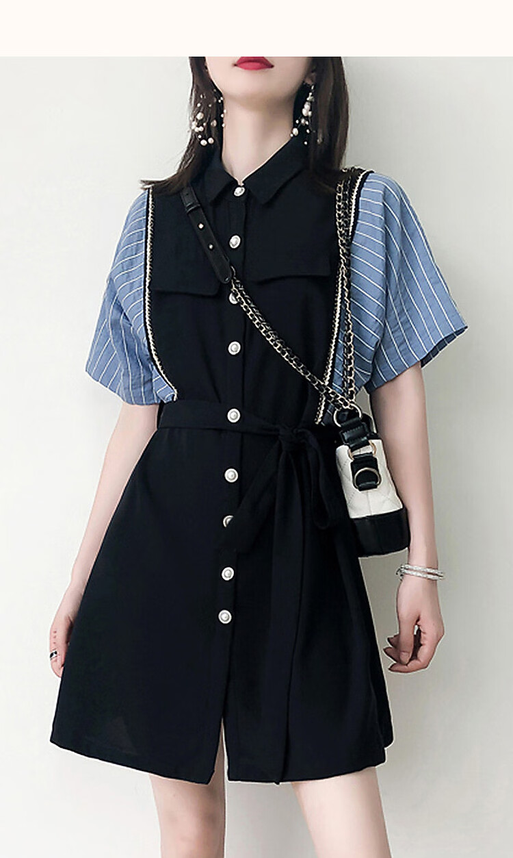 Dme [French Light Mature Commuter Style], Summer Simple Style, Turn-Down Collar, Waist-Cinching Short-Sleeve, Vintage Striped Patchwork Dress for Wome 15