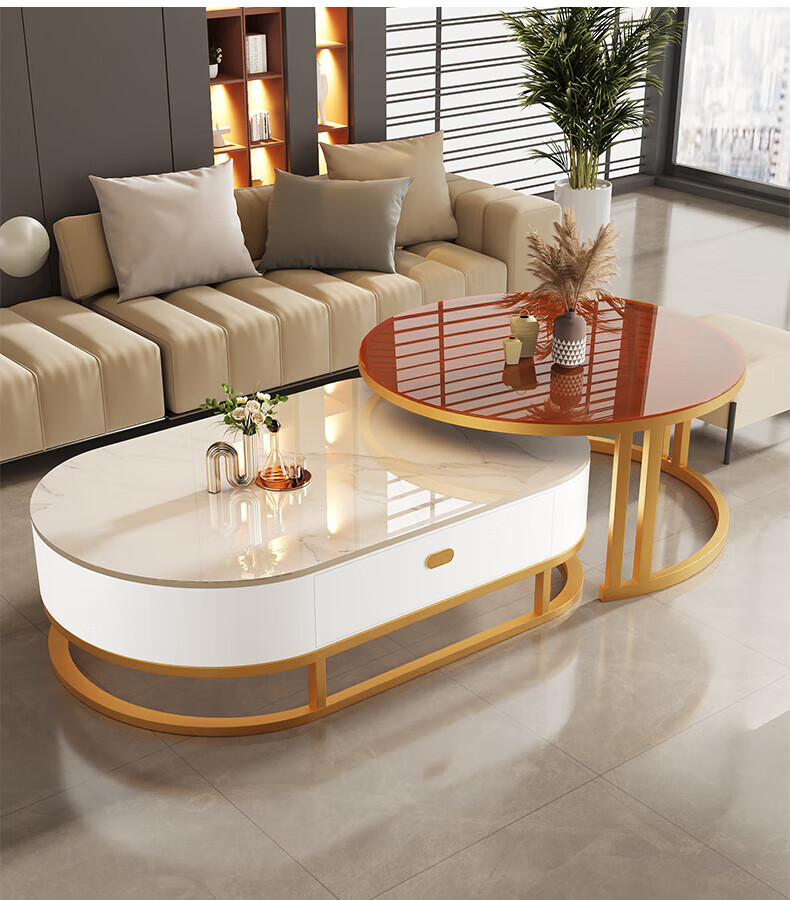 XIAOJIANGCAI Rock Slab Coffee Table, Living Room Modern Minimalist Tea Table, Oval Combination Coffee Table, Snow White Rock Slab, Black Frame, Gray Cabinet, 80 10