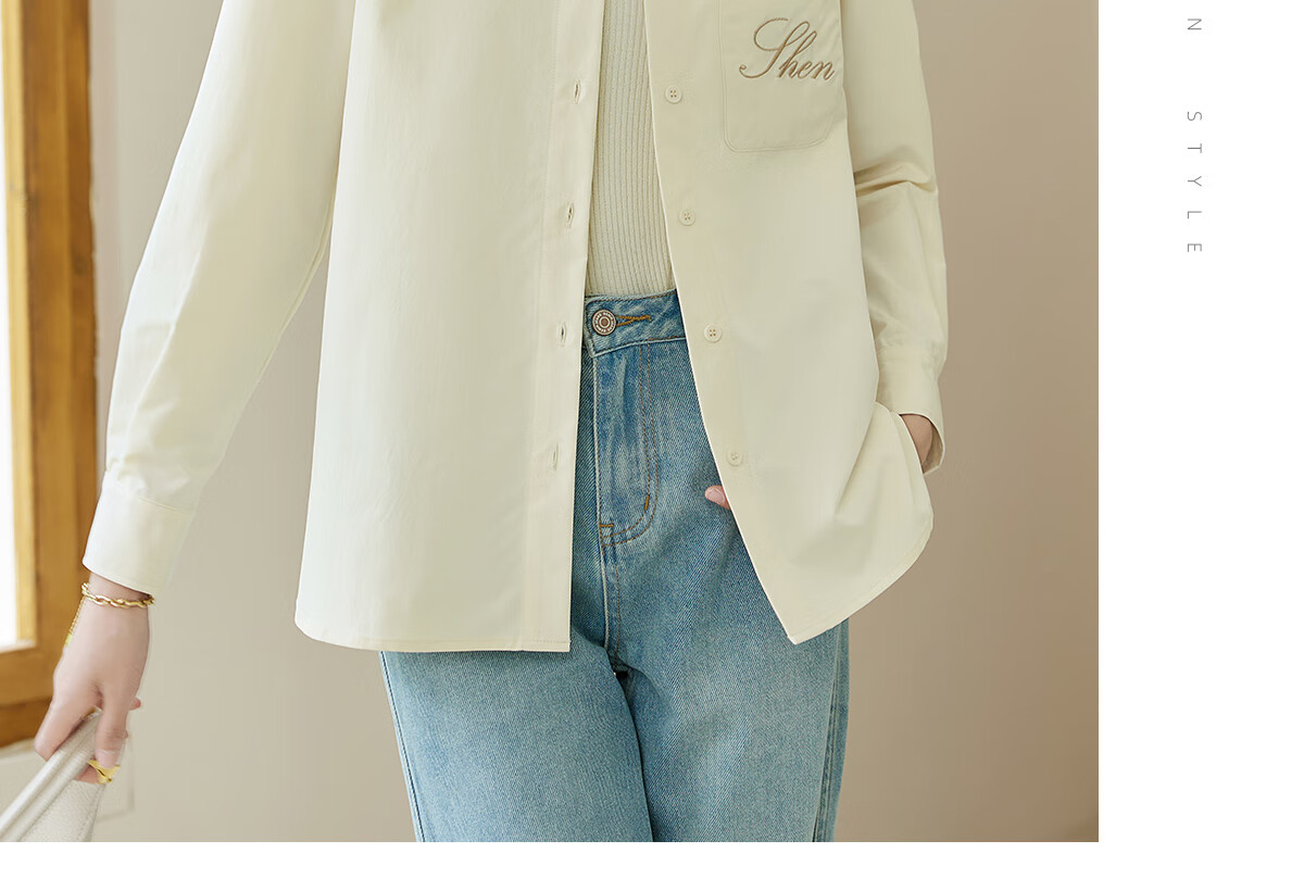 Chushen Spring And Autumn Long-Sleeve Shirt for Women, Turn-Down Collar, Embroidered Pockets, Versatile Commuter Blouse Top S143C2027 30