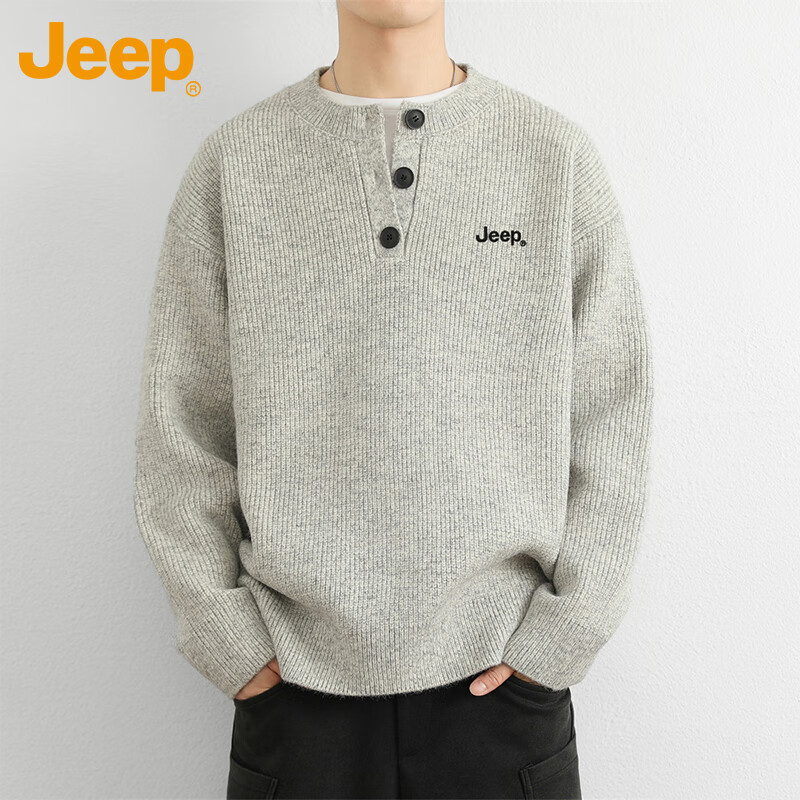 JEEP Men's Winter Sweater Thickened Warm Knitted Shirt Light Gray XL