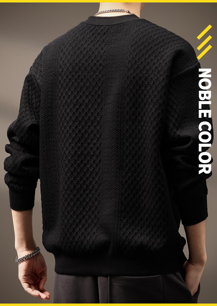 JEEP Men's Sweatshirt, Spring And Autumn Heavy Texture Jacquard Loose Base Layer Top, Men's Clothing, Black, L 7