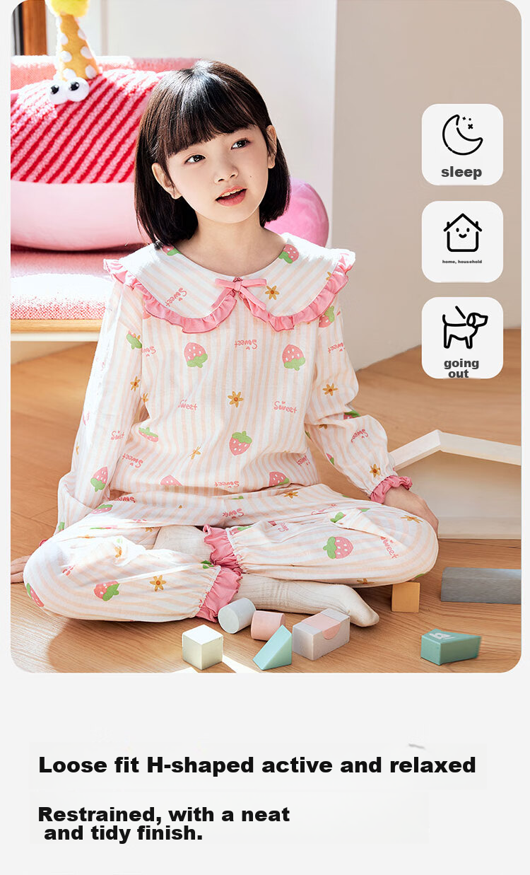 Dingguagua Girls' Pajamas, Pure Cotton Long-Sleeve Spring And Summer Sleepwear for Children And Toddlers, All-Cotton Home Wear Set, White, Size 150 9