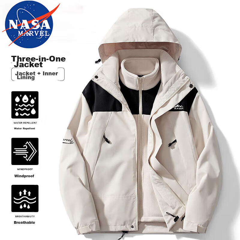 NASA MARVEL Windbreaker Jacket for Men, Autumn And Winter Three-In Coat, Hooded Couple Style, Windproof Menswear, Ivory White, Size S