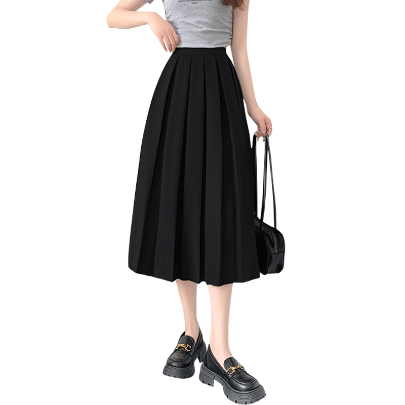 LangSha Pleated Skirt Women's Spring Vintage Mid-Length A-Line Skirt Elastic Waist Slim Fit Suit Umbrella Skirt