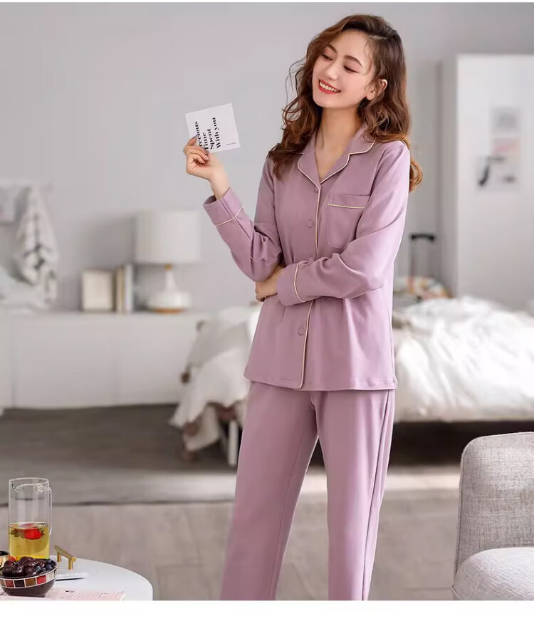 Langsha Women's Sleepwear (Antibacterial + Pure Cotton) Spring and Autumn Long Sleeve Long Pants Two-Piece Homewear Plus Size Winter Set 9
